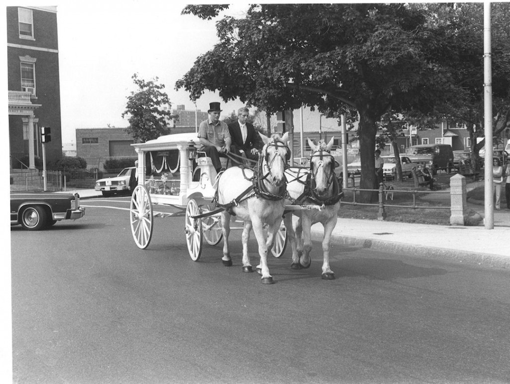 Solimine driving a horse drawing hearse